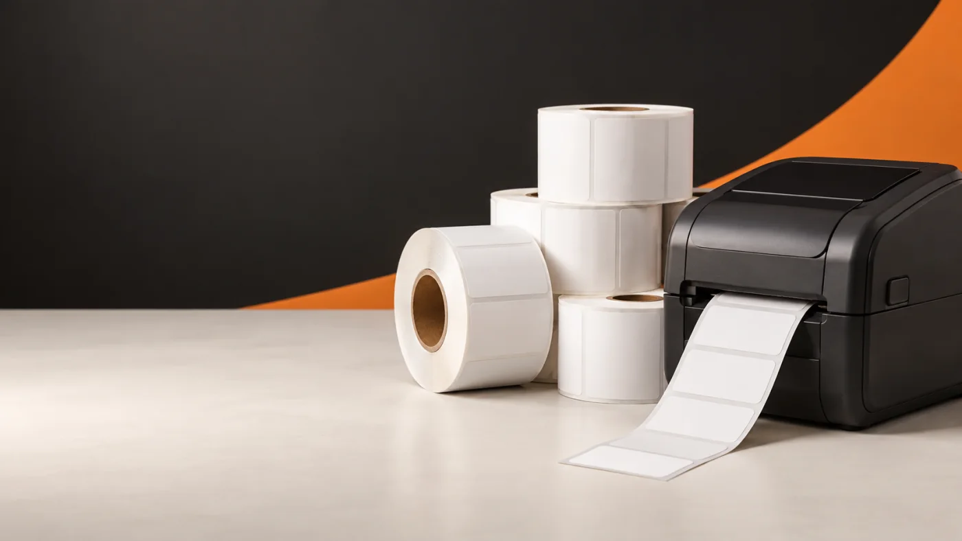 White self adhesive thermal label rolls with barcode label printer